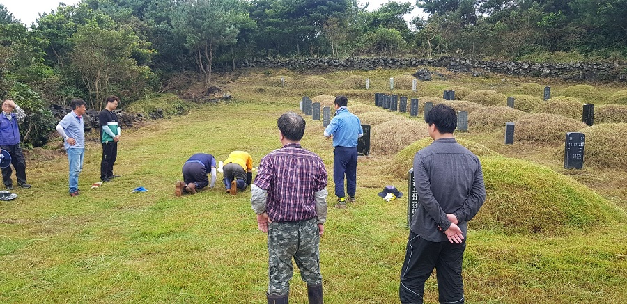 오조리 영곡공파 자손들이 시흥리 가족 공동 묘지에서 모둠벌초를 마무리하고 차례를 조상에게 차례를 지내고 있다.