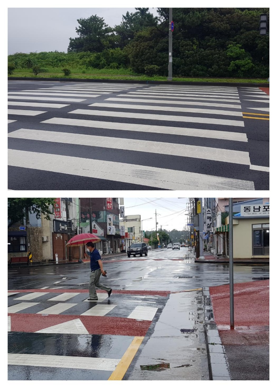 아래 사진:2021년 교통사고 잦은 곳 공사를 했지만 예산낭비 및 탁상행정이란 비판이 제기되고 있다( 사실 한곳 횡단보도 턱을 낮추면 되는데, 멀쩡한 횡단보도를 파헤치고 정비를 했지만 점자블록 설치는 한 곳이 되어 있지 않다).윗쪽 사진: 작년에 조성된 광치기 해변 공영주차장 입구에 조성된 횡단보도 2곳이 턱도 높지만 화단을 넘어야 이용 할 수 있어 빠른 조치가 필요한 실정이다.(사진 고기봉 기자)