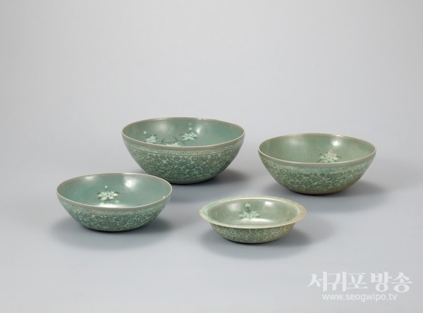청자 상감 모란무늬 발우와 접시, 고려 13세기, 높이 3.4~7.8cm, 입지름 13.8~18.8cm