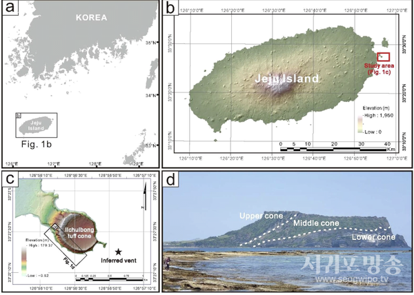 Fig. 1. Location (a, b), digital elevation model (c), and stratigraphic division (d) of Seongsan Ilchulbong tuff cone. Modified fromSohn et al. (2012).